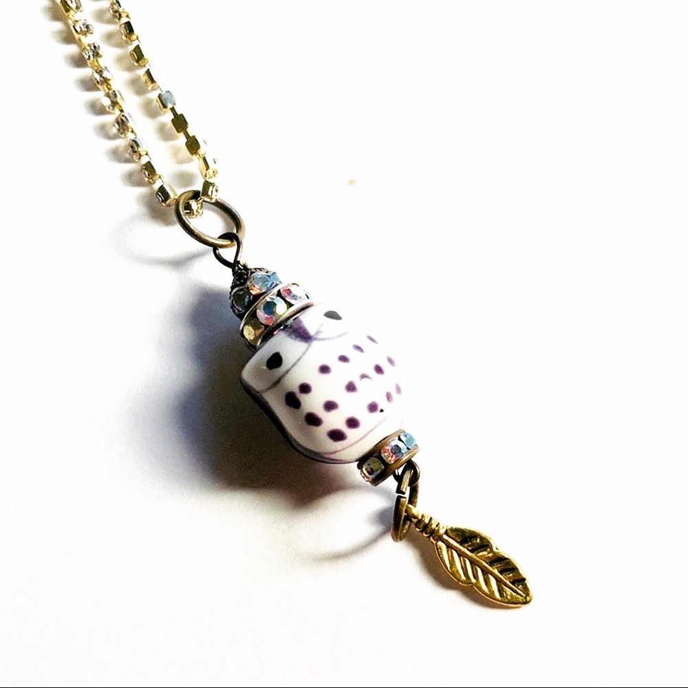 Handmade Rhinestoned Glass Owl Necklace by McGlamorous Purple Rust Green Pink